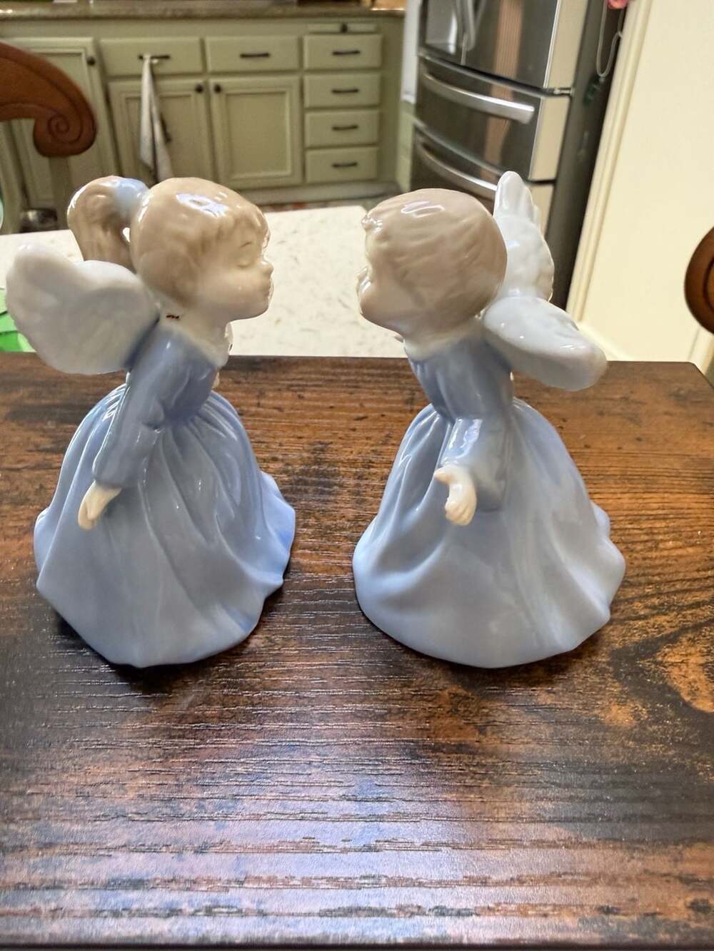 Vintage Lefton Ceramic Kissing Angels Bell Figurines Blue and White Cherub Set